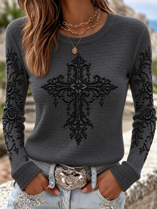 Women's Western Faith Printed Check Fabric Top