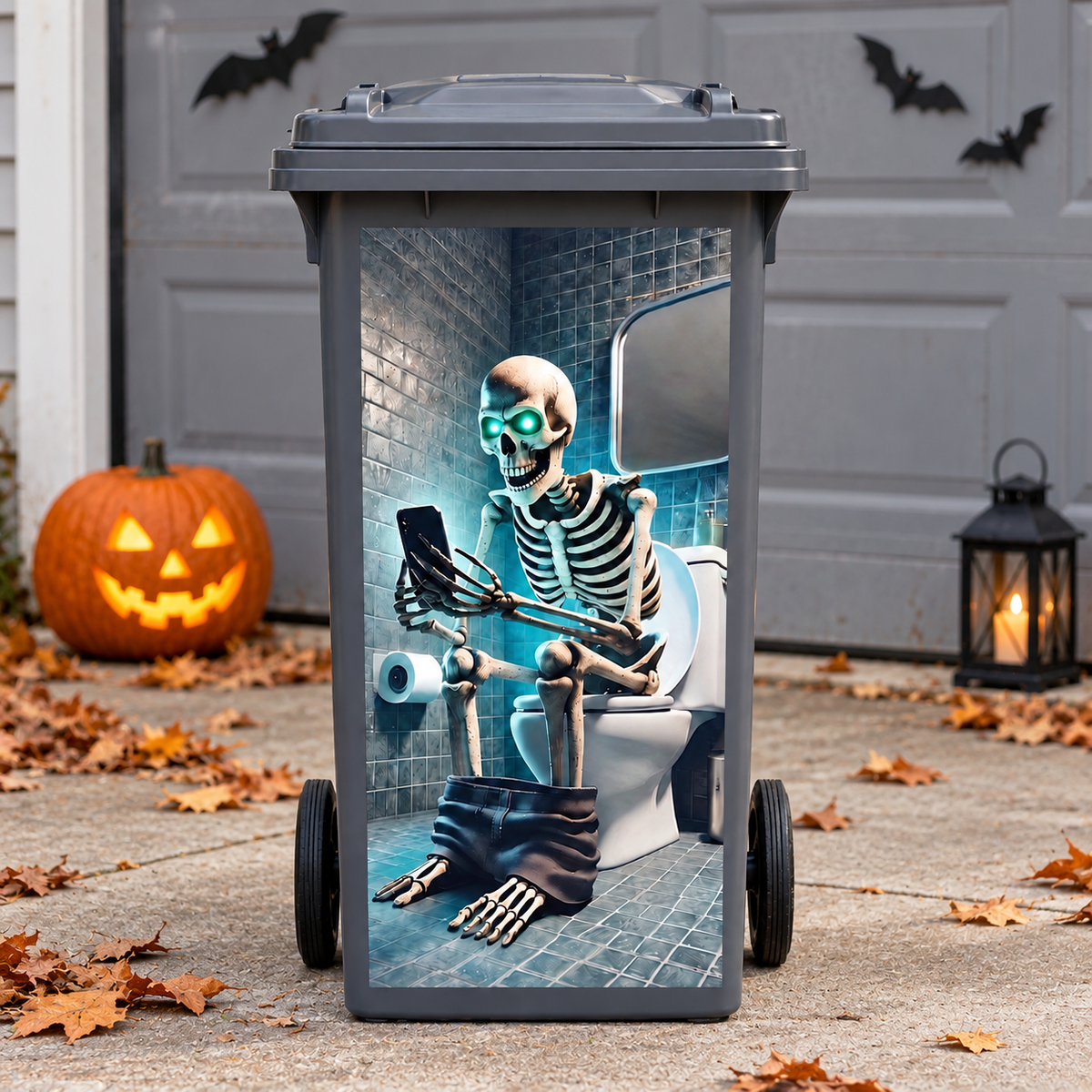 Halloween Trash Can Sticker - Self-Adhesive Skeleton & Monster Bin Decal