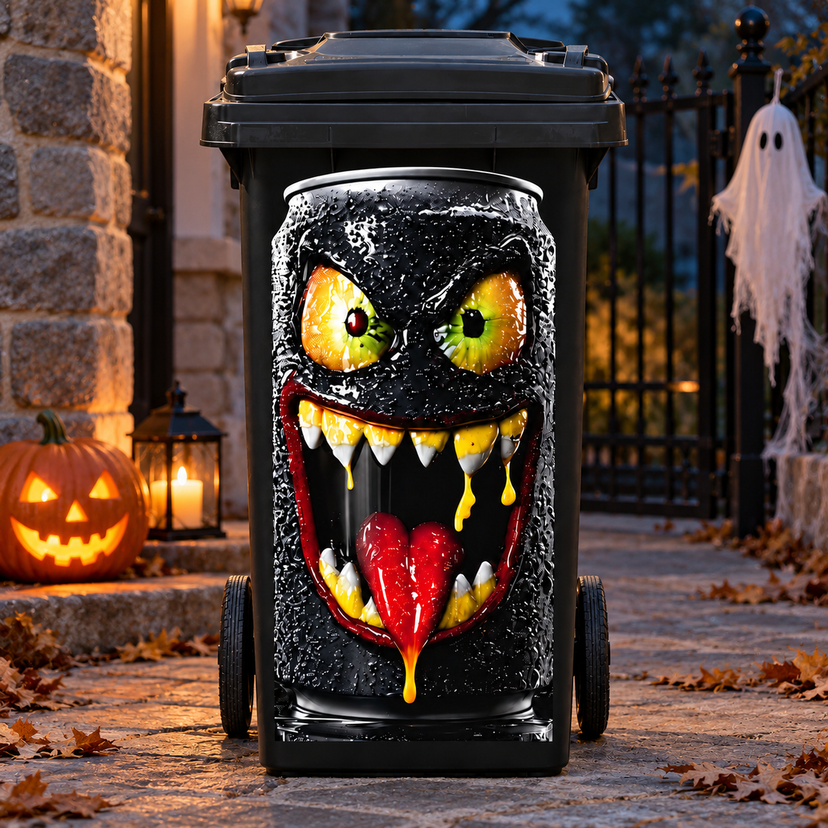 Halloween Trash Can Sticker - Self-Adhesive Skeleton & Monster Bin Decal