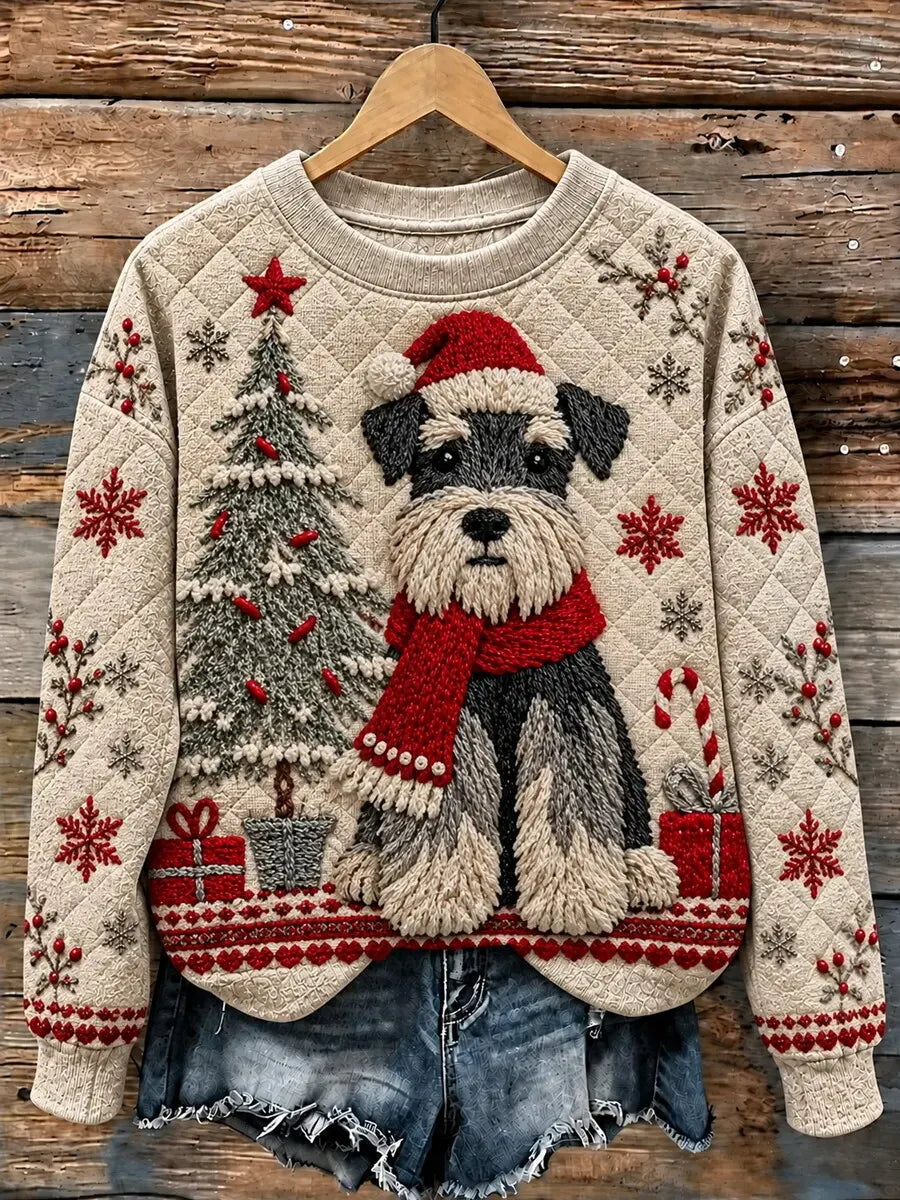 Women's Look Schnauzer Dog Santa Hat Christmas Tree Snowflake Gift Art Print Casual Sweatshirt