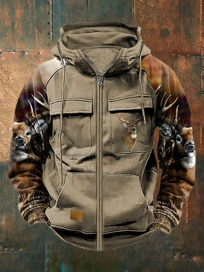 Men's Vintage Western Deer Print Multi-Pocket Jacket