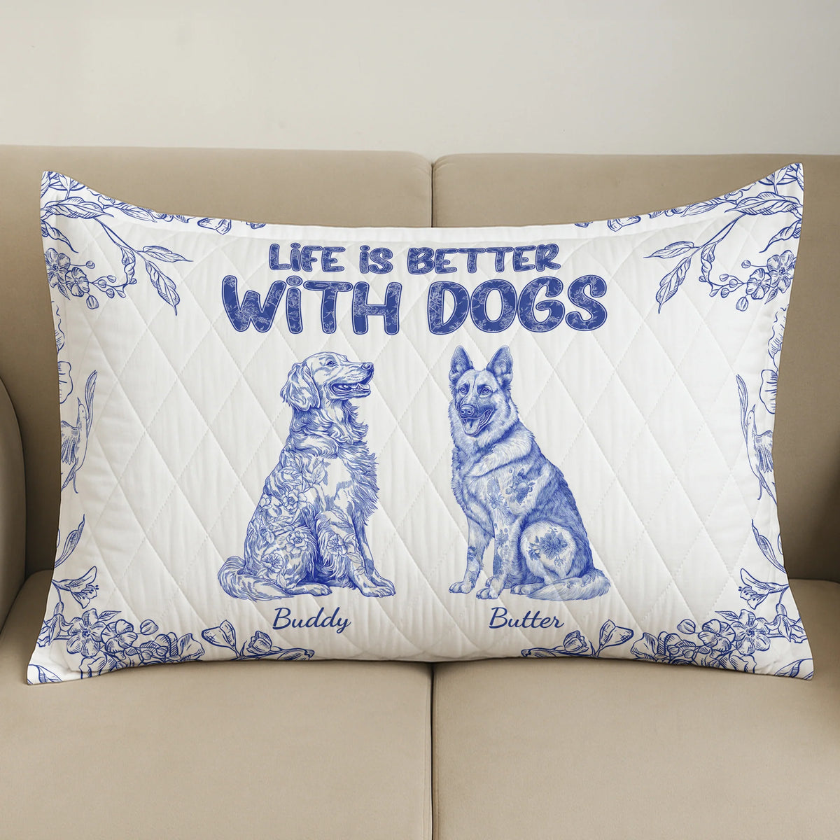 Life Is Better With Dogs Toile De Jouy Chinoiseries French Style - Custom Quilt Set