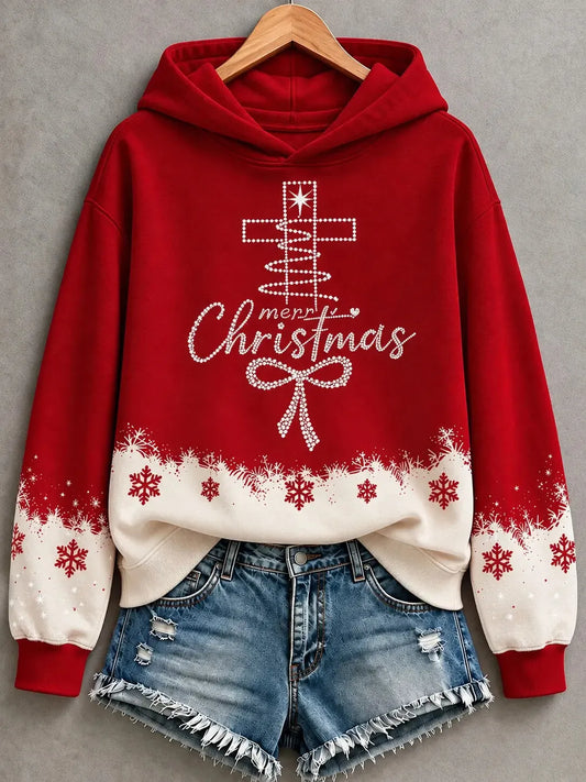 Women's Merry Christmas Rhinestone Cross Tree Bow Snowflake Color Block Art Print Hoodie