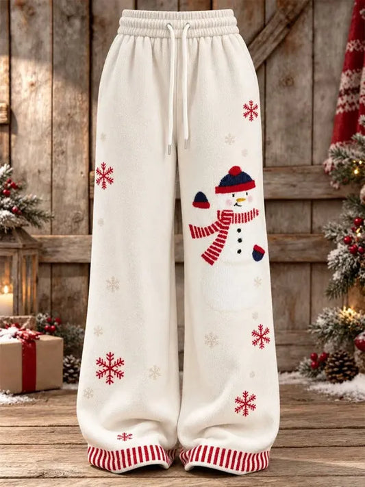 Women's Snowman Snowflake Stripe Cuff Christmas Print Drawstring Casual Pants