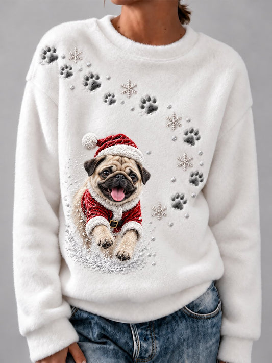 Women’s Cute Christmas Pug-Print Comfortable Flannel Sweatshirt