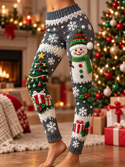 Women's Snowman Christmas Tree Gift Art Print Leggings