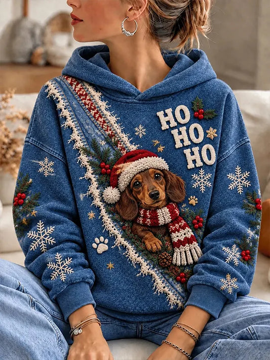 Women's Christmas Dachshund Snowflake HOHOHO Print Hoodie