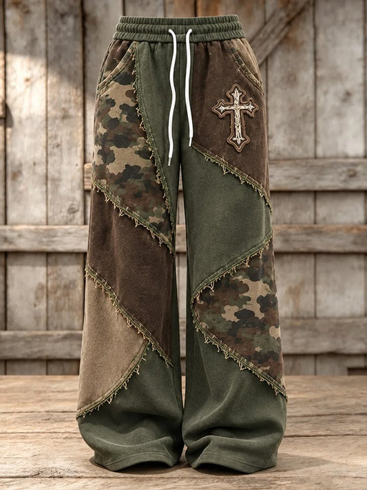 Women's Retro Camouflage Cross Pattern Patchwork Print Casual Sports Pants