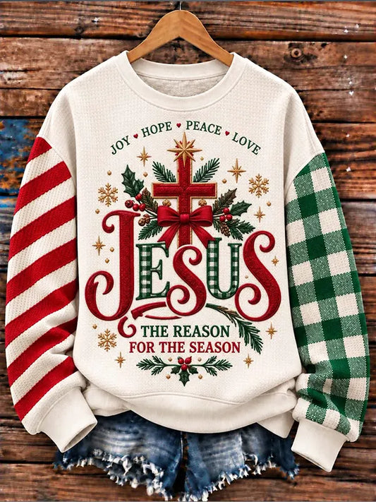 Women's Jesus Is The Reason For The Season Cross and Mismatched Print Sweatshirt