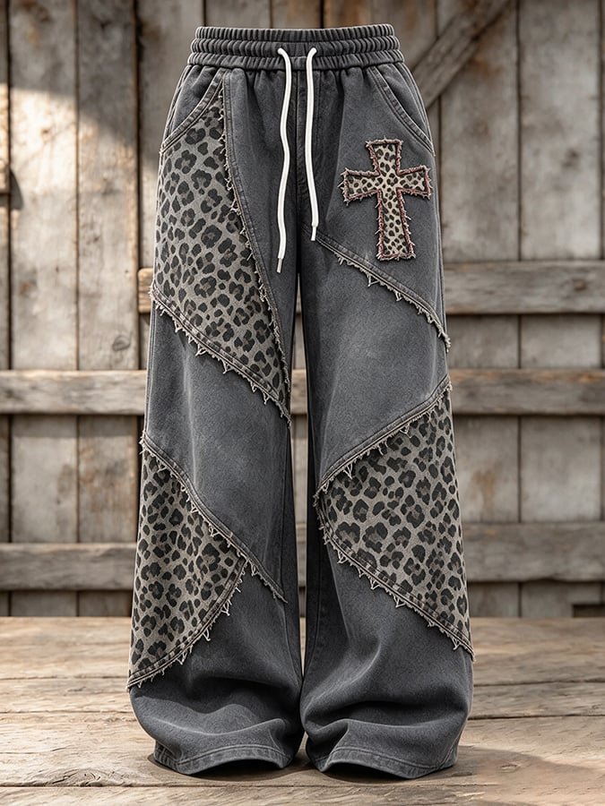 Women's Retro Leopard Print Cross Pattern Patchwork Casual Sports Pants