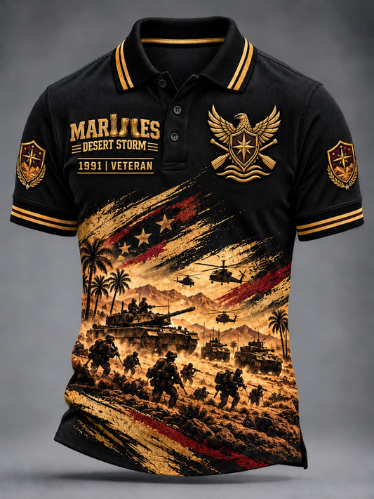 Men's Vintage Veteran Art Printed Polo Shirt