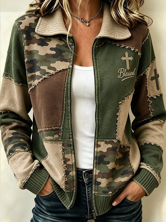 Women's Retro Faith Print Casual Lapel Zipper Jacket