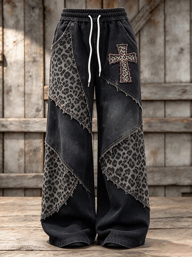 Women's Retro Leopard Print Cross Pattern Patchwork Casual Sports Pants