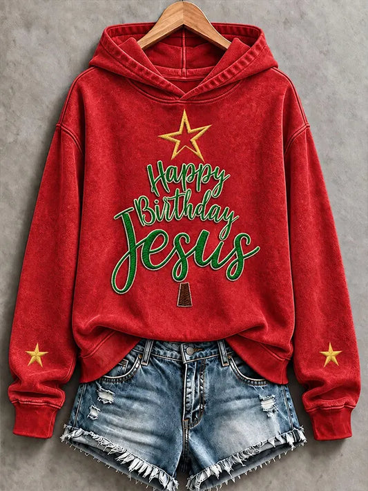 Women's Happy Birthday Jesus Christmas Tree Art Print Hoodie