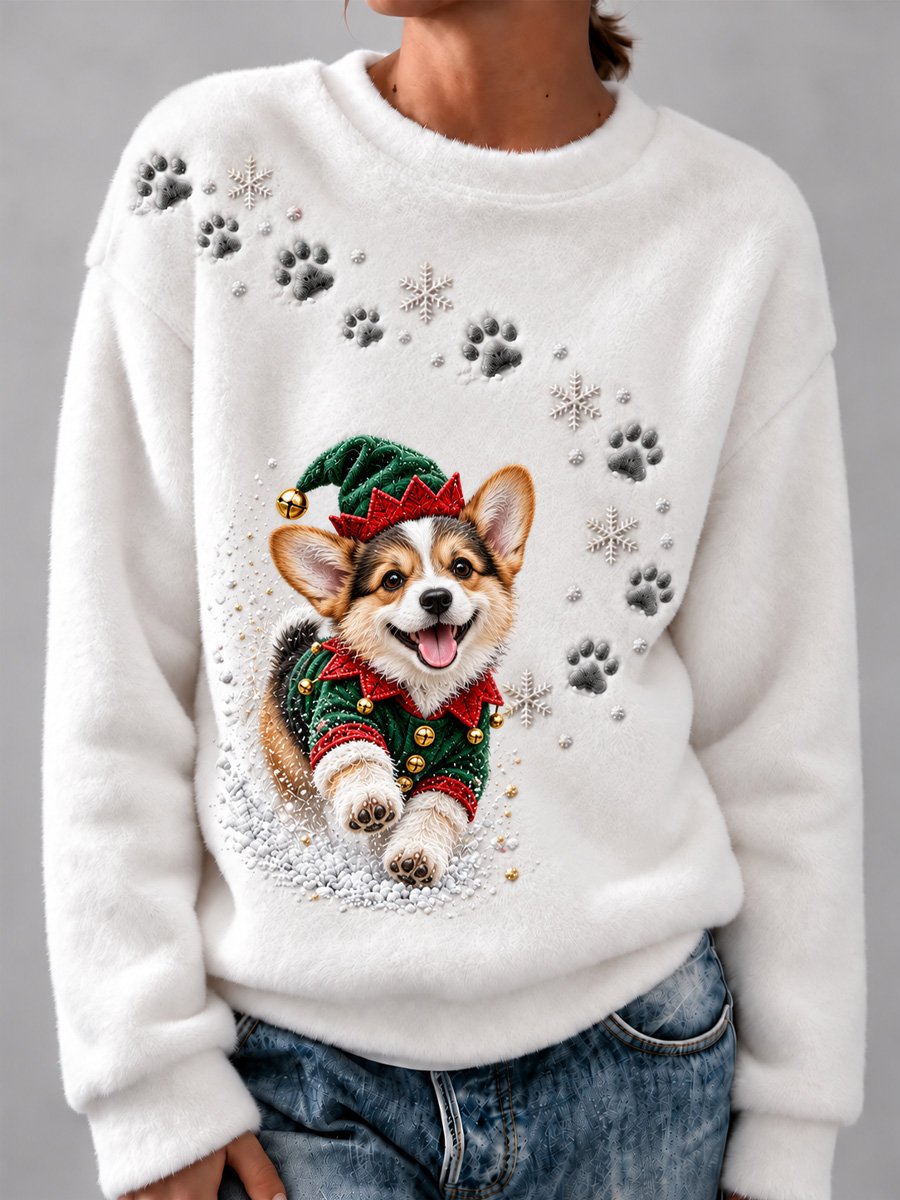 Women’s Cute Corgi-Print Christmas Flannel Sweatshirt