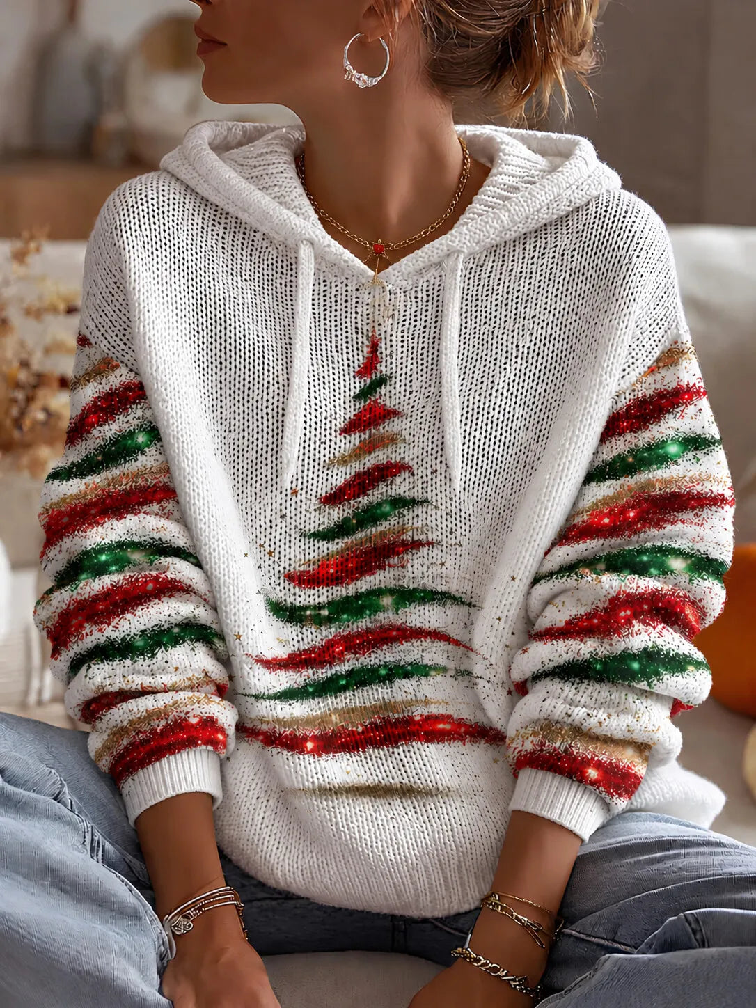 Women's Glitter Stripe Christmas Tree Art Print Knit Hoodie