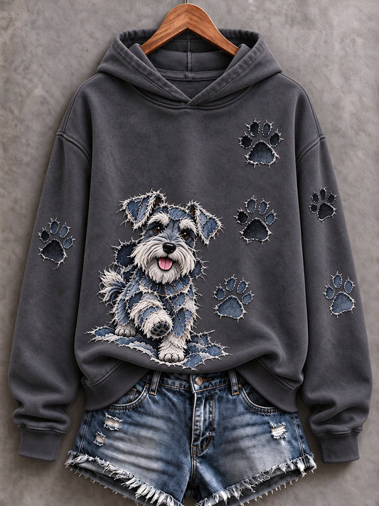 Women's Schnauzer & Paw Prints Patchwork Print Casual Hoodie