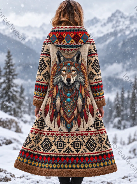 Women's Vintage Viking Wolf Head Aztec Thick Flannel Jacket