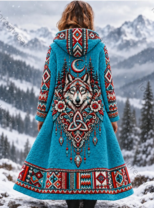 Women's Vintage Viking Wolf Head Aztec Thick Flannel Jacket