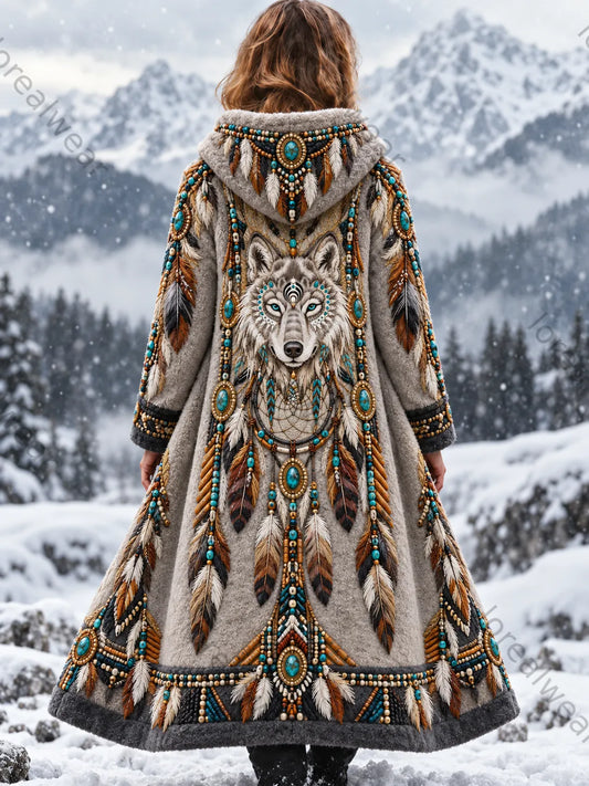 Women's Vintage Viking Wolf Head Aztec Thick Flannel Jacket